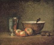 Jean Baptiste Simeon Chardin Three apple two millet bowls and silver wine class Spain oil painting reproduction